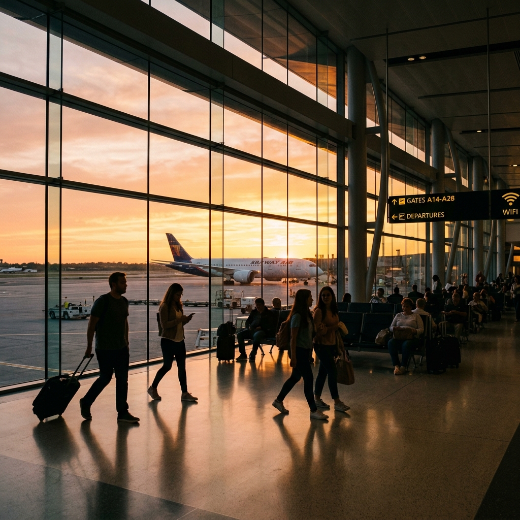 Airport terminal sunset