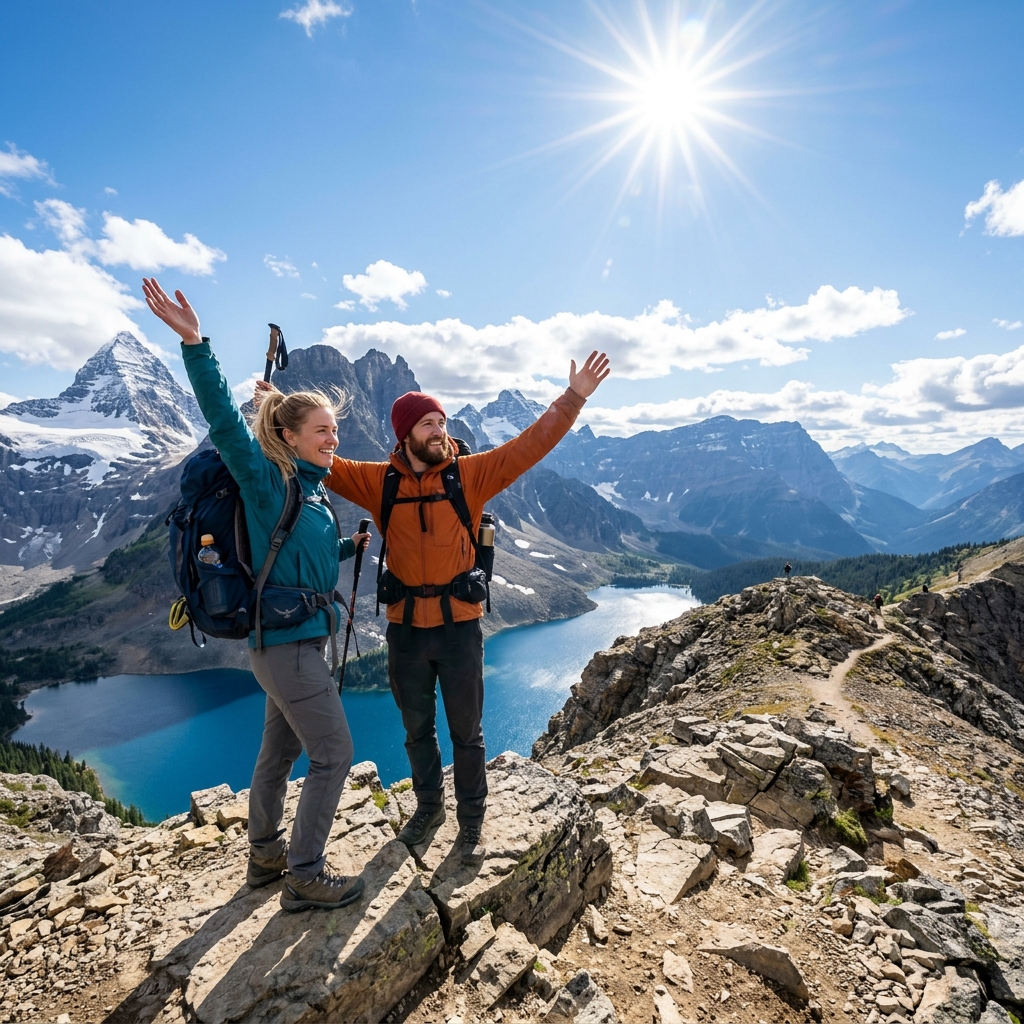 Travelers celebrating on a mountain peak looking at a blue lake