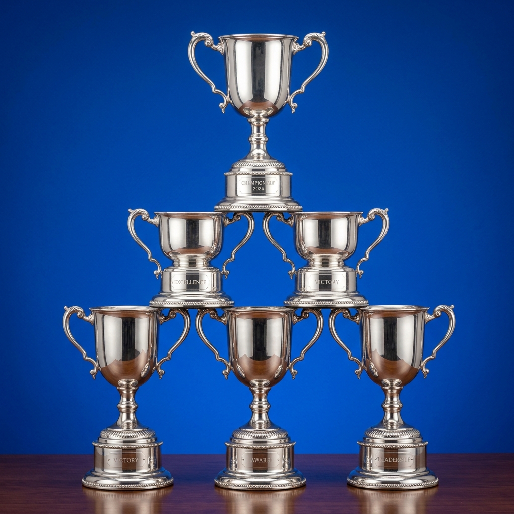 Pyramid of six silver trophy cups